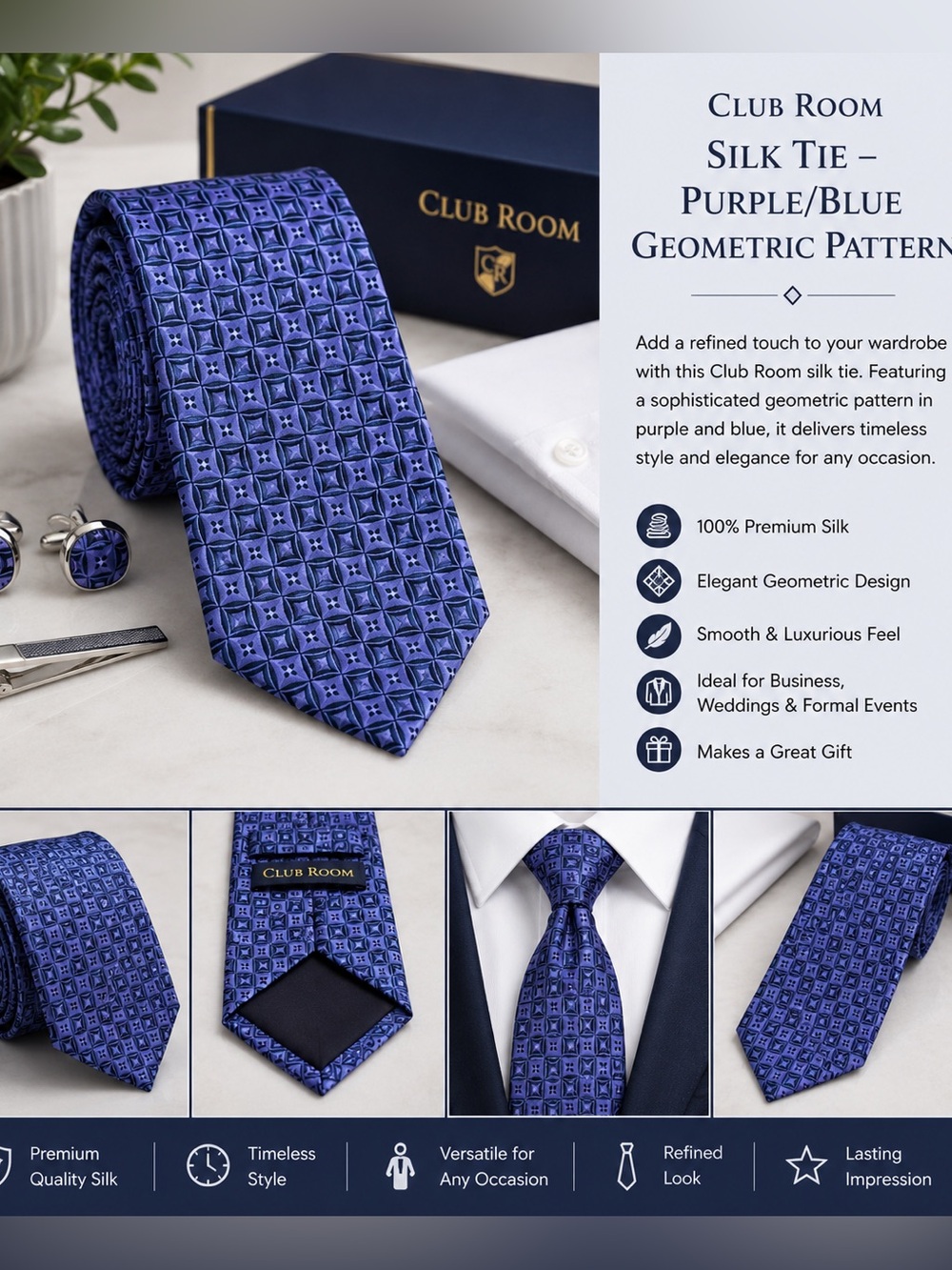 Club Room Silk Tie – Purple/Blue Geometric Pattern